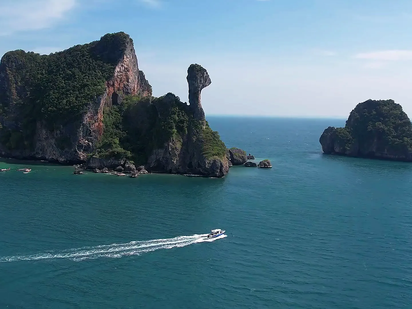Aerial view of limestone cliffs and islands off the coast