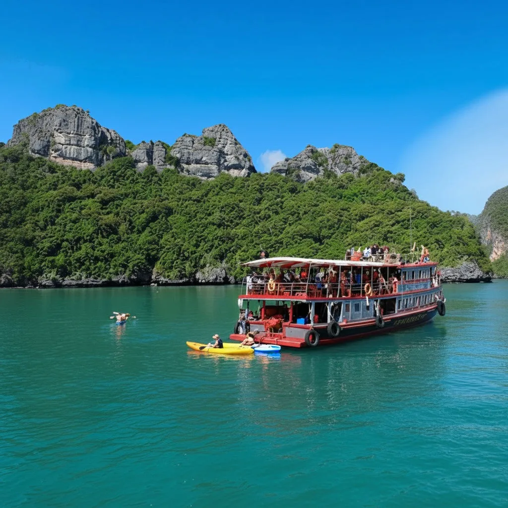 Big boat and kayakers beside the limestone cliffs of Ang Thong Marine Park, tour from Koh Samui