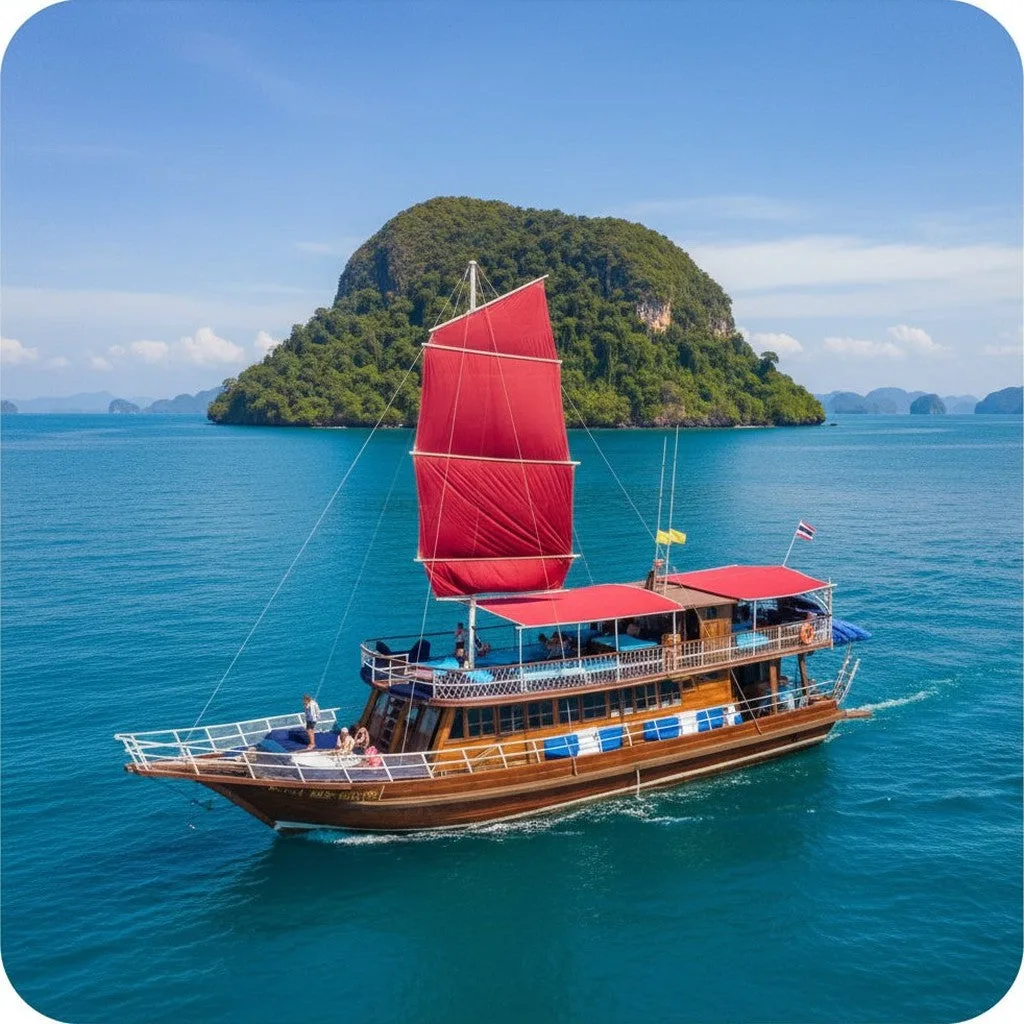 Wooden boat with a red sail cruising past a small green island