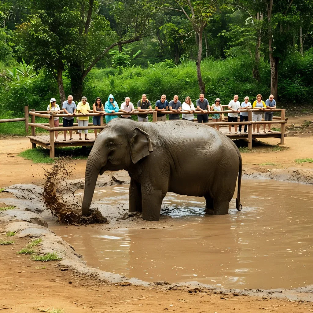 Elefante salpicando barro en un estanque mientras los visitantes miran desde una plataforma de madera