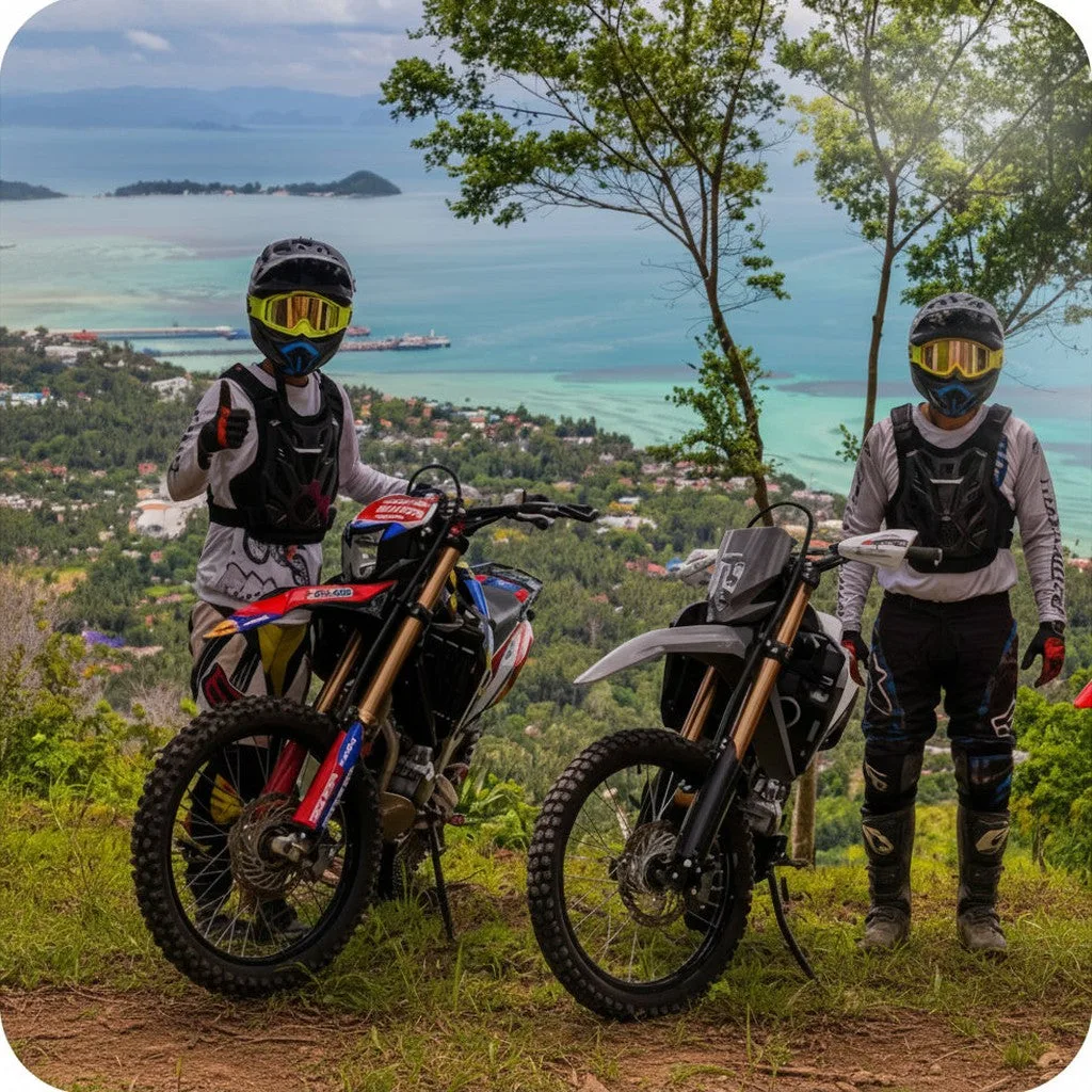 Due piloti con caschi e tute accanto a moto da cross sopra un panorama costiero