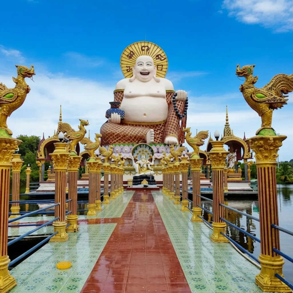 Statua d'oro sorridente del Buddha in fondo a un ponte piastrellato con pilastri a forma di drago