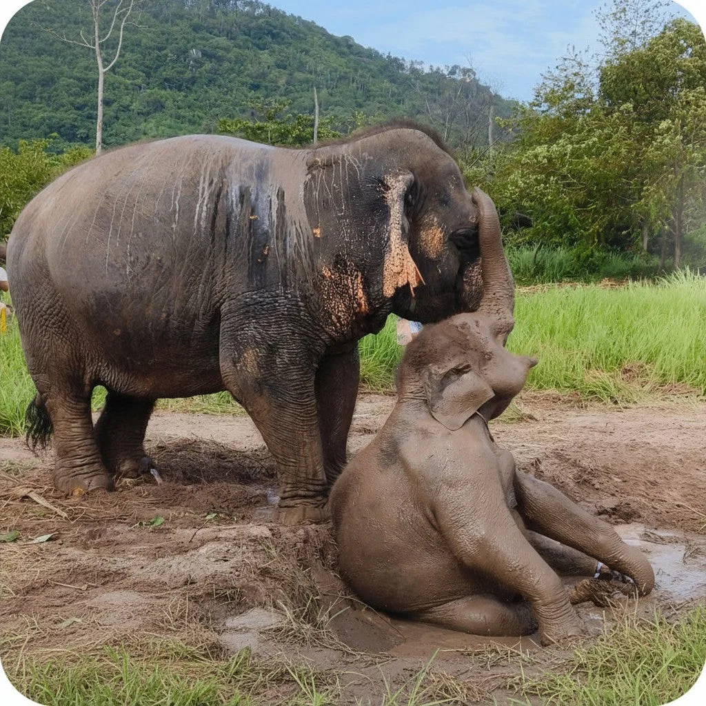 Cucciolo di elefante seduto nel fango accanto alla madre su un prato erboso