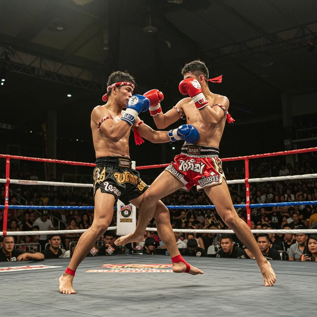 Due pugili di Muay Thai nel pieno di un incontro, con pantaloncini rossi e blu, allo stadio di Koh Samui con il pubblico