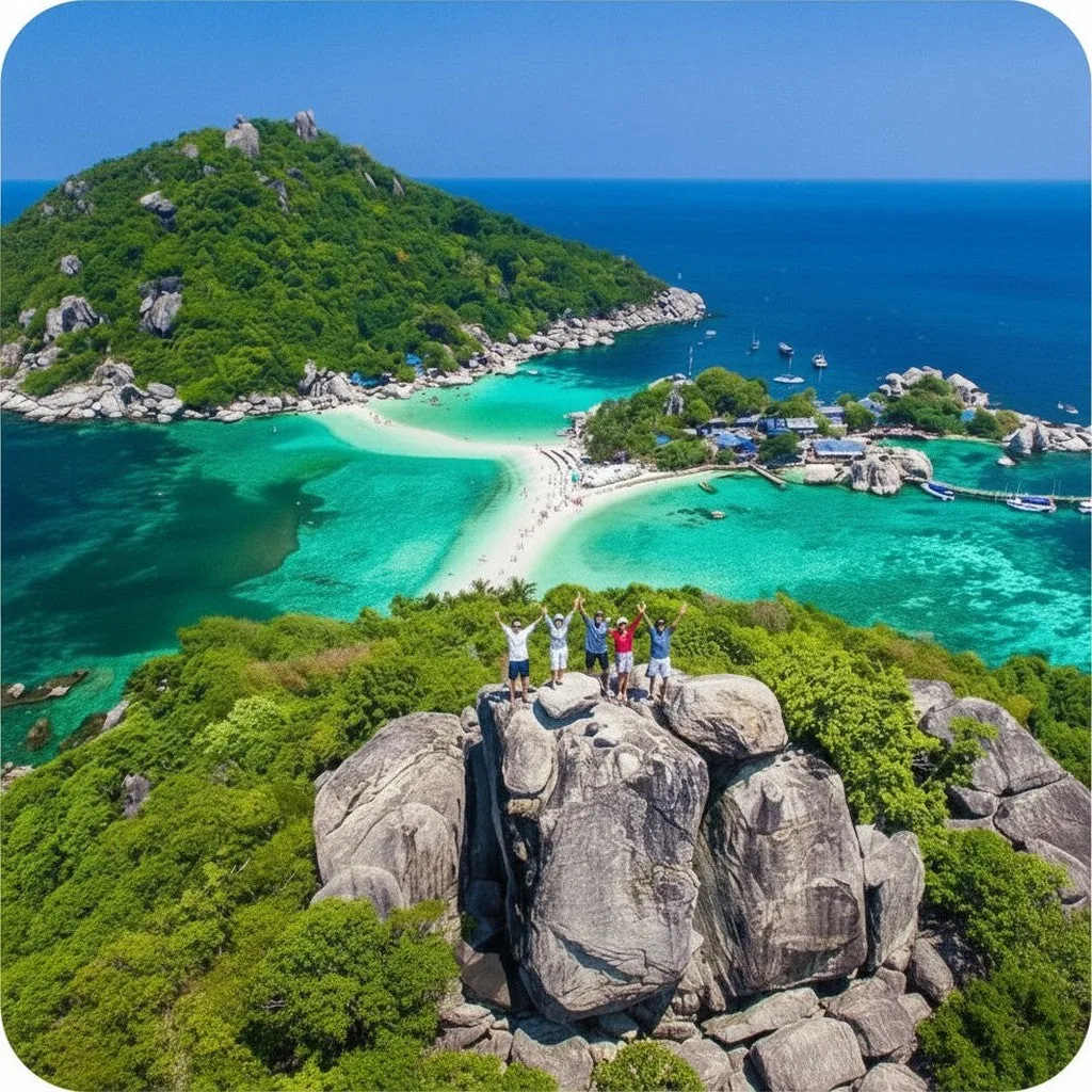 Aerial view of a rocky island viewpoint, sandbar, turquoise water and visitors on boulders