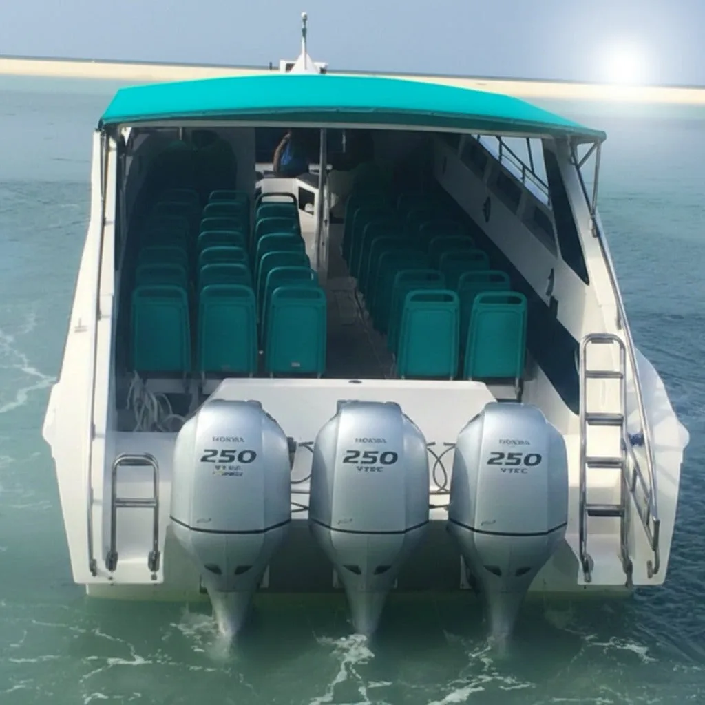 Stern of the tour speedboat with triple 250hp outboards en route to Koh Tao from Koh Samui