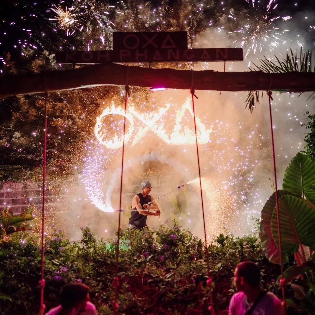 OXA Jungle Party Koh Phangan – fireworks and fire show above the OXA entrance sign