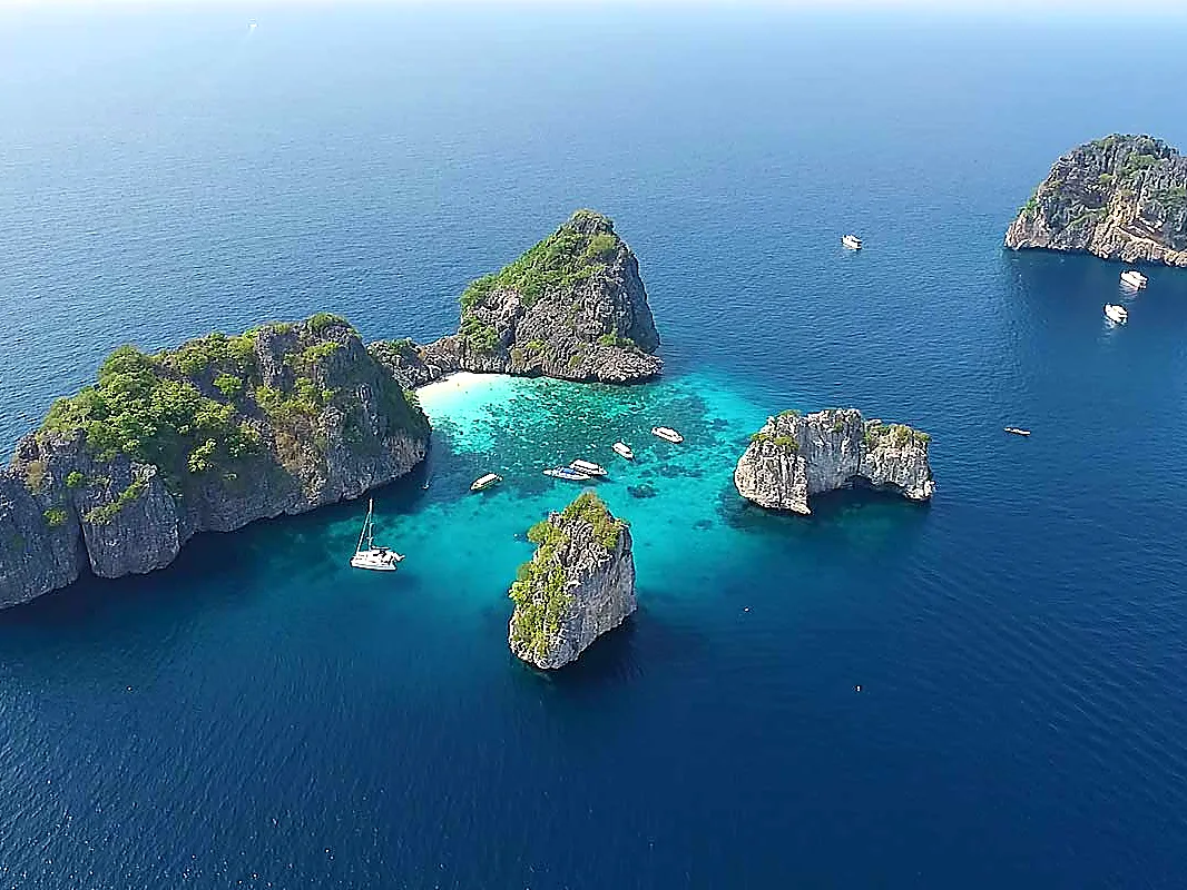 Aerial view of limestone islands in the Andaman Sea