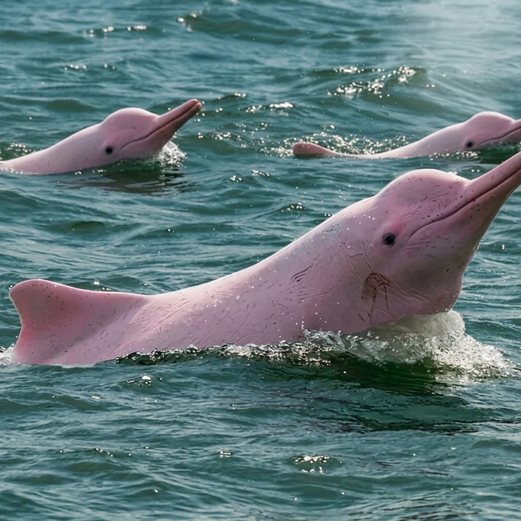Delfini rosa che emergono dall'acqua verde del mare
