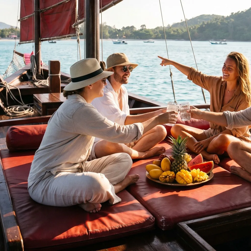 Noleggio privato di navigazione a vela per tutto il giorno a Koh Samui – vassoio di frutta e bevande sul ponte superiore all'ombra
