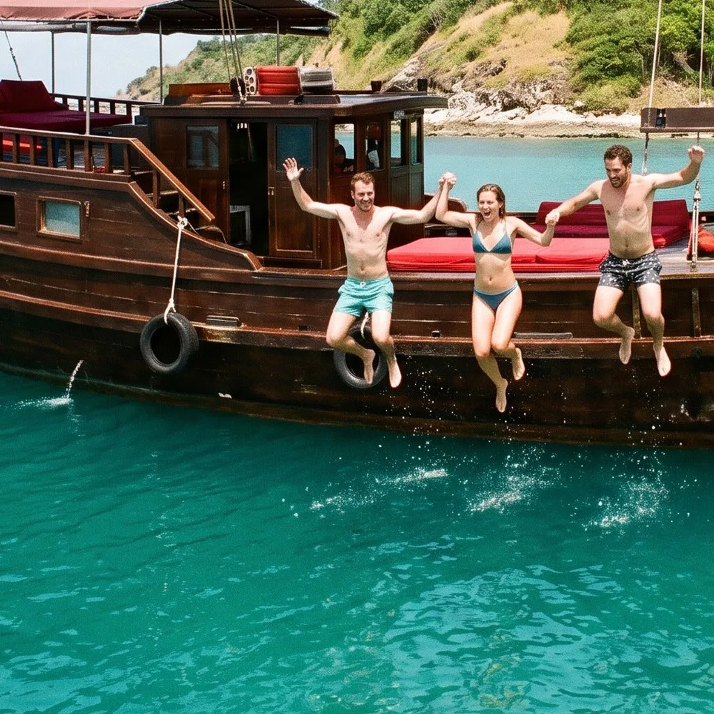 Noleggio privato di navigazione a vela di mezza giornata a Koh Samui – amici che si tuffano dalla giunca nell'acqua turchese