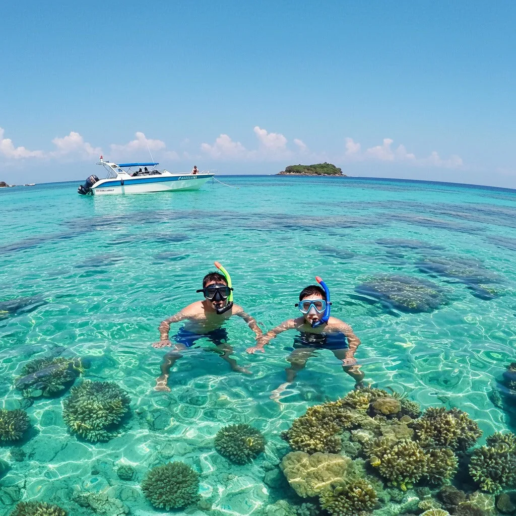 Deux personnes en snorkeling dans une eau turquoise au-dessus d'un récif corallien avec un bateau rapide privé à Koh Tan Pig Island