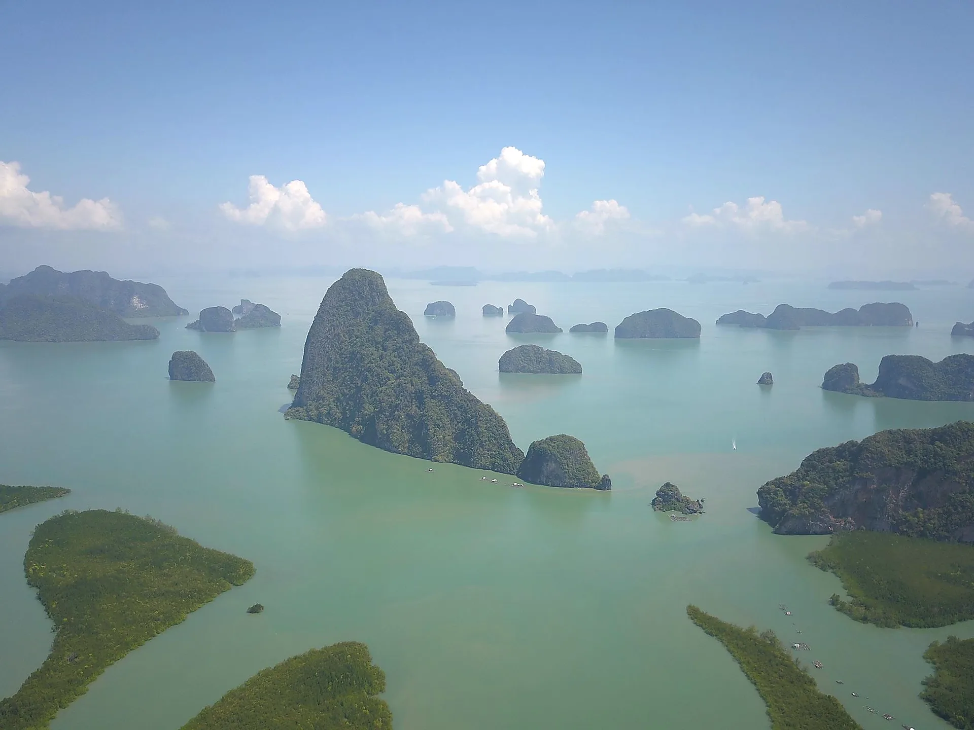 Aerial view of the limestone islands of Phang Nga Bay