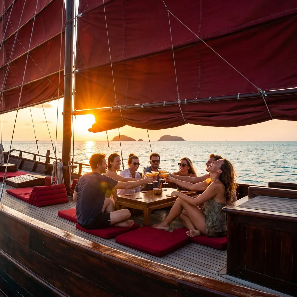 Charter privato in barca a vela al tramonto a Koh Samui – amici che brindano al tramonto sul ponte della giunca in legno