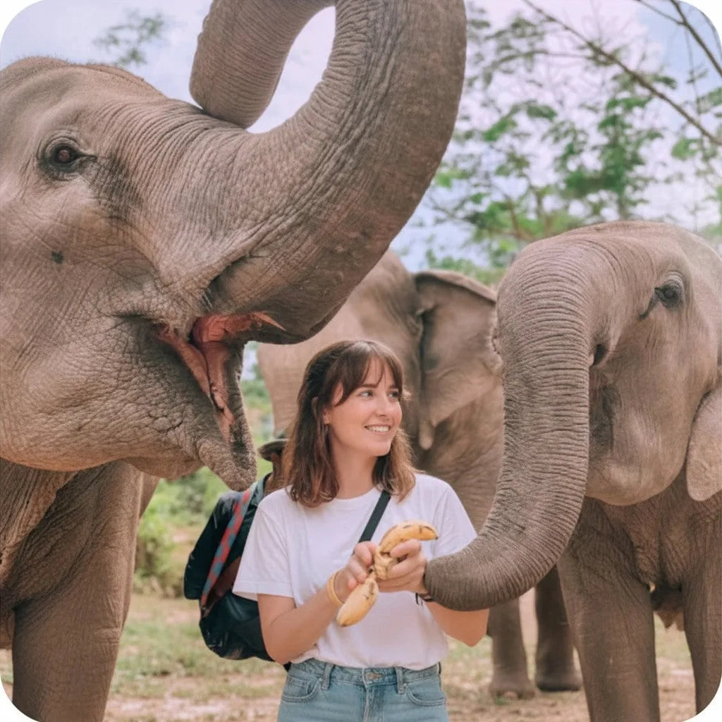 Smiling woman holding a banana as an elephant reaches its trunk toward her