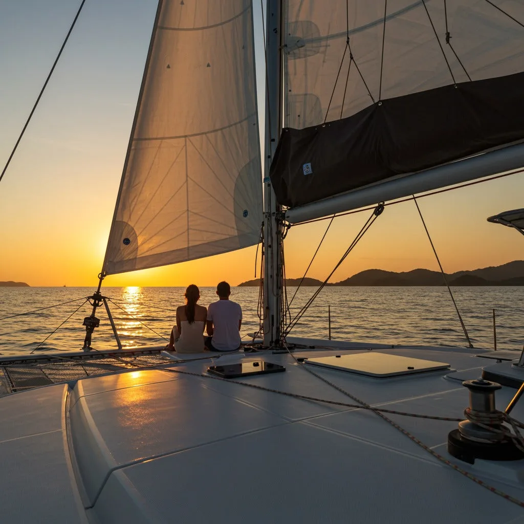 Coppia romantica a prua di una barca a vela che ammira il tramonto dorato sul mare di Koh Samui