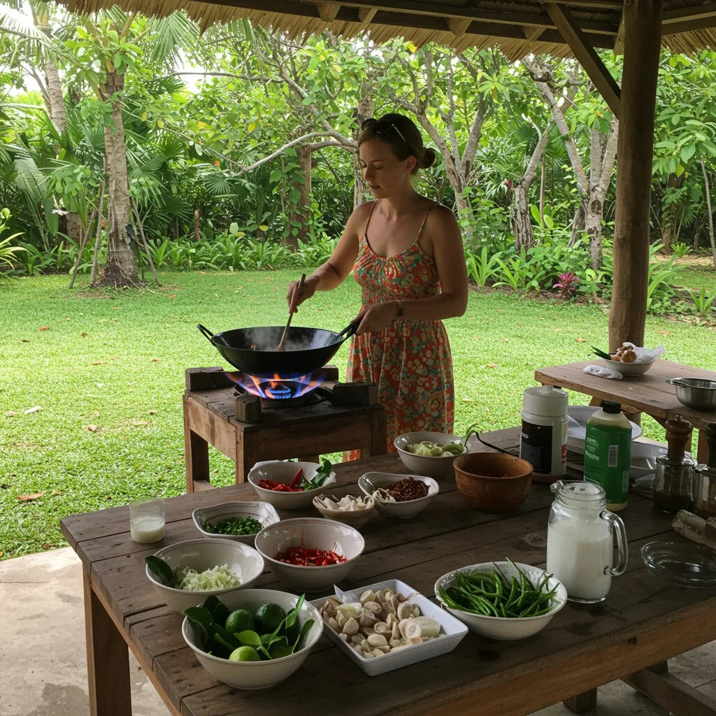 Guest stir-frying in a wok at an open-air garden kitchen during a Thai cooking class in Koh Samui